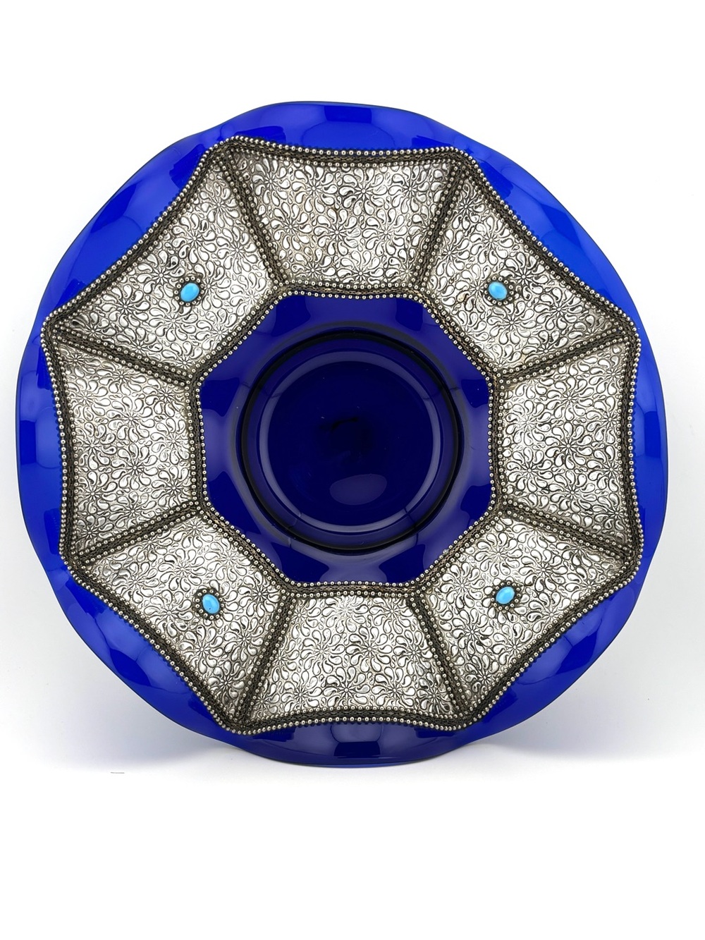 Vintage Moroccan Cobalt Blue Glass Ruffle Bowl with Hand-Crafted Metal Overlay